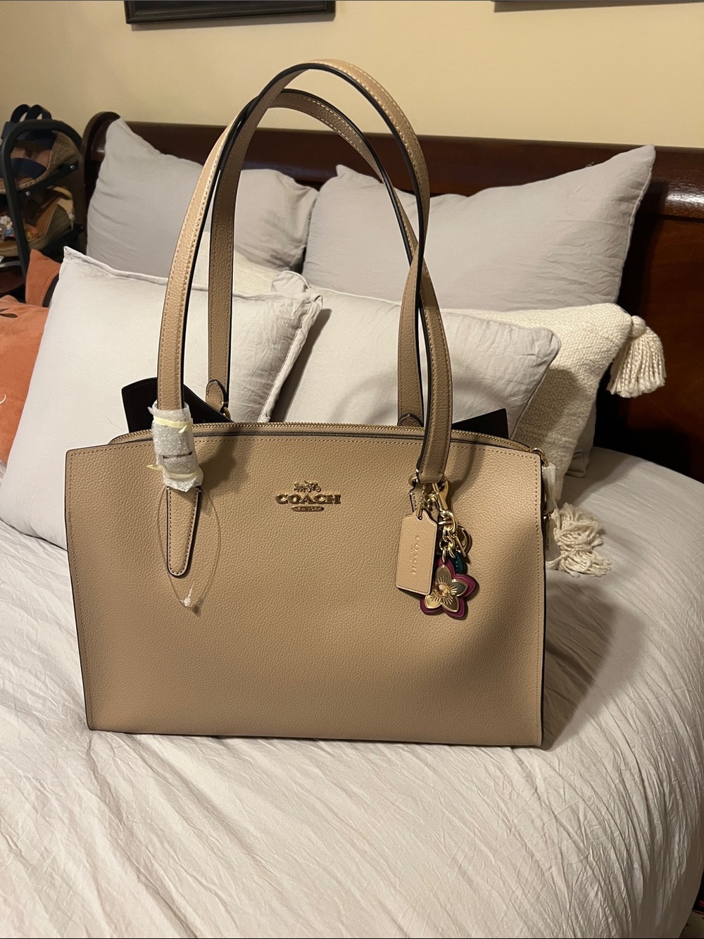 Coach Taupe Pebbled Leather Tote with Floral Charm